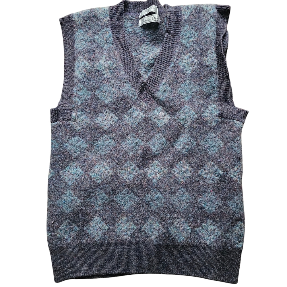 Christian Dior Vintage Argyle Wool gray blue Elegant preppy vest size S -L‎